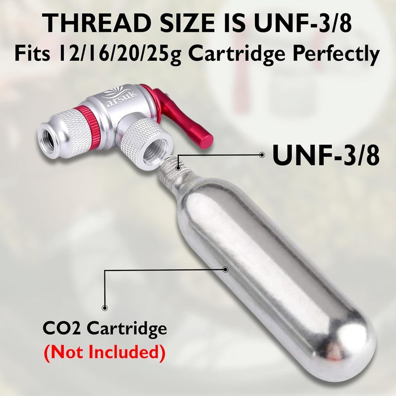ARSUK CO2 Bike Tire Inflator – Quick-Release Mini CO2 Inflator for Presta & Schrader Valves – Lightweight CO2 Bike Pump for Road, MTB & Hybrid – Fits Threaded 12g/16g/25g Cartridges – No CO2 Included - Image 5